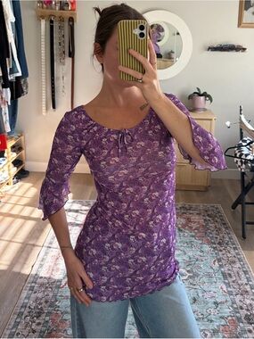 Great Escape Y2K Purple Floral Bell Sleeve Top XS/S
